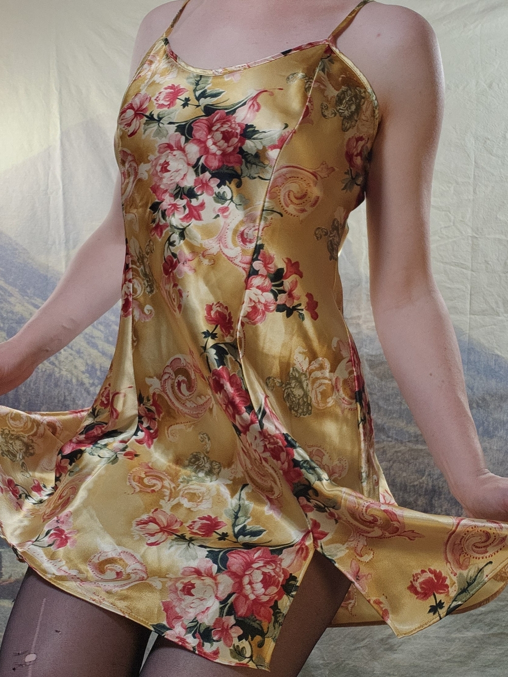 Y2K Yellow Gold Floral Satin Slip Mini Dress Sophia By Delicates Small S
